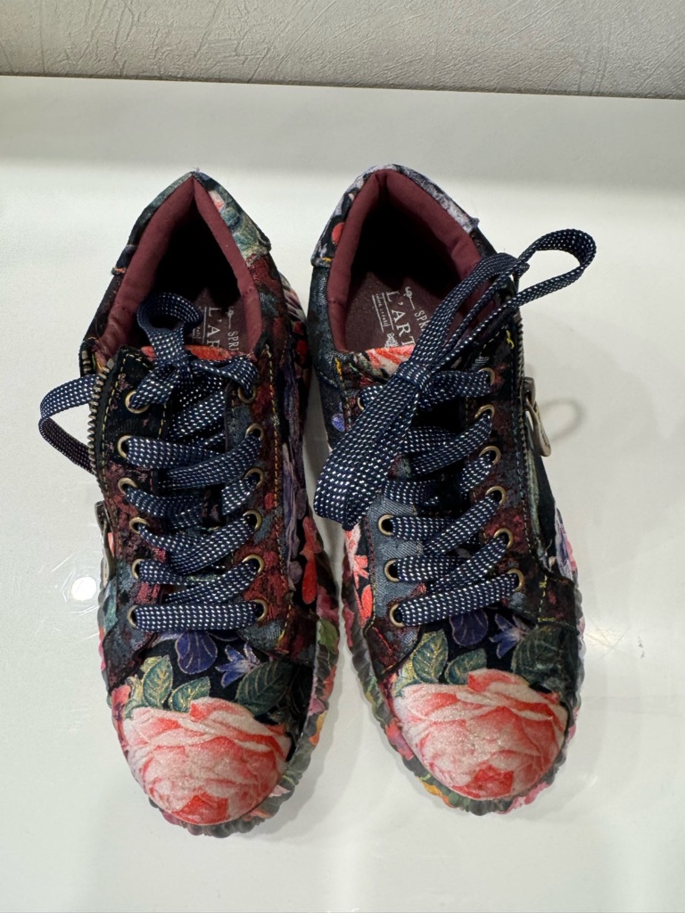 Spring Step Women's Floral Embroidered Sneakers in Navy and Pink